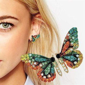Butterfly Stud Earrings Colorful Handmade 3D Crystal Rhinestone for Women Girls